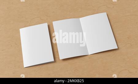 Half-folded flyer A4 booklet mock up on wooden background Stock Photo