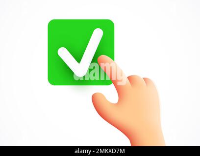 3d Hand pressing the ok button. Correct answer. Vector illustration Stock Vector