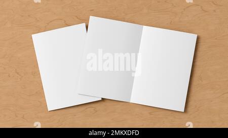 Half-folded flyer A4 booklet mock up on wooden background Stock Photo