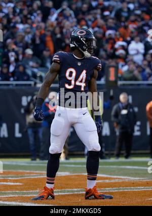 Chicago Bears outside linebacker Leonard Floyd (94) celebrates after  sacking Green Bay Packers quarterback Aaron Rodgers (12) during the second  half of an NFL football game Sunday, Dec. 16, 2018, in Chicago. (