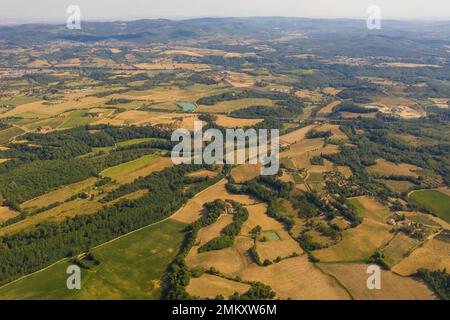 Drone photography of highway, vineyards and olive trees during summer day Stock Photo