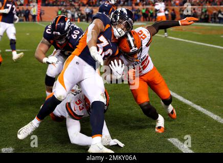 Denver Broncos running back Phillip Lindsay (30) takes part in drills  during the opening day of the team's NFL football training camp Thursday,  July 18, 2019, in Englewood, Colo. (AP Photo/David Zalubowski