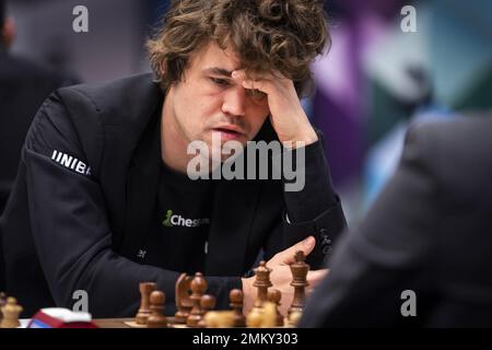 Wijk Aan Zee, Netherlands. 29th Jan, 2023. Magnus Carlsen of Norway  competes during the final round of the Tata Steel Chess Tournament 2023 in  Wijk aan Zee, the Netherlands, Jan. 29, 2023.