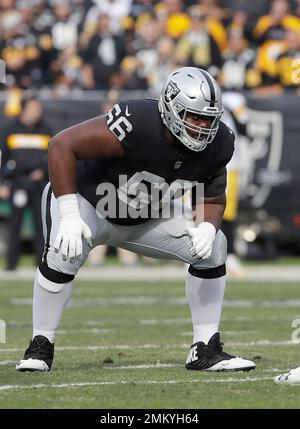 Oakland Raiders offensive tackle Vadal Alexander (74), offensive tackle  Marshall Newhouse (73) and offensive guard Gabe Jackson (66) sit on the  bench and stare straight ahead as the national anthem is sung