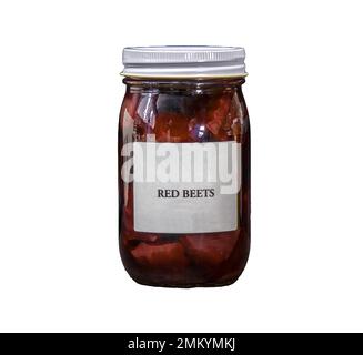 Amish Canned Red Beets in a Jar, with a White Label Stating Red Beets Stock Photo