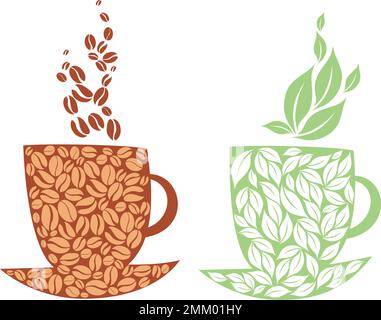 Cups with tea and coffee. Beans and tea leaf silhouettes over the cup shape. Flat vector illustration Stock Vector