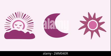 Cute whimsical sun and moon set of vector motifs. Illustration of night and day sky collection for children clipart.  Stock Vector