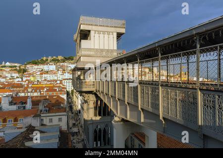 Lisbon, Portugal.  The Largo do Carmo walkway to the Santa Justa Lift also known as the Carmo Lift, and view to the Castle of St. George.  The 45meter Stock Photo