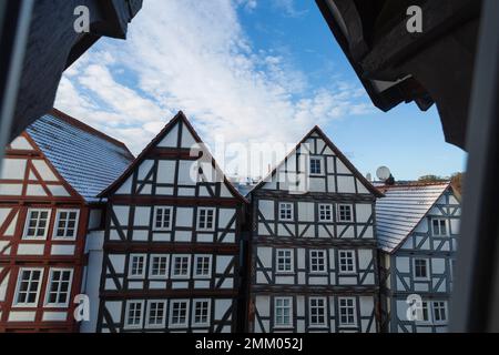old german houses in winter day, closeup Stock Photo