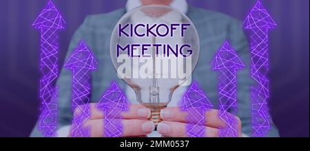 Conceptual hand writing showing Kickoff Meeting. Business photo text  Special discussion on the legalities involved in the project Young long  hair woman holding blank square announcement design. Stock Illustration by  ©artursz #277037702