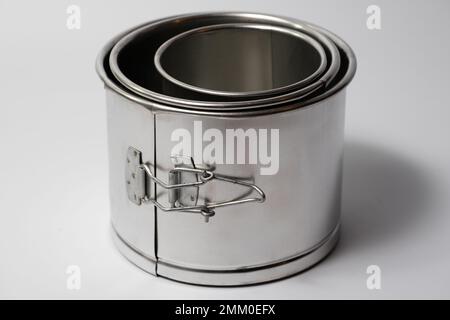 metal round forms for baking Easter for Easter in Ukraine, isolated on a white background Stock Photo
