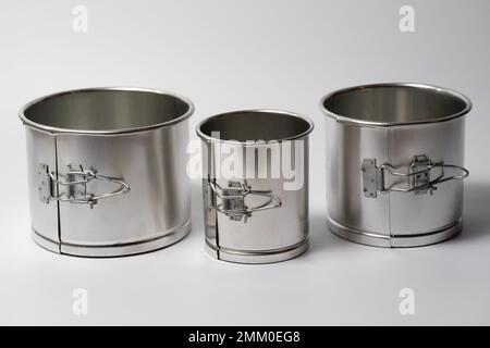 metal round forms for baking Easter for Easter in Ukraine, isolated on a white background Stock Photo
