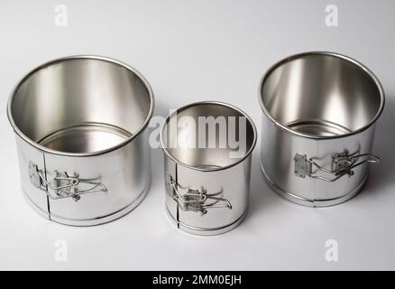 metal round forms for baking Easter for Easter in Ukraine, isolated on a white background Stock Photo