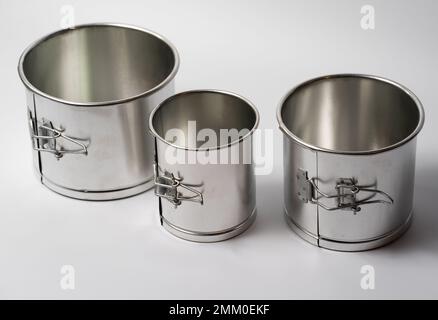 metal round forms for baking Easter for Easter in Ukraine, isolated on a white background Stock Photo