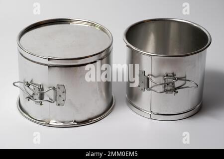 metal round forms for baking Easter for Easter in Ukraine, isolated on a white background Stock Photo