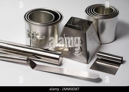 metal round forms for baking Easter for Easter in Ukraine, isolated on a white background Stock Photo