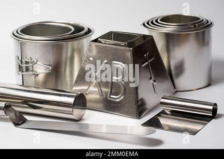 metal round forms for baking Easter for Easter in Ukraine, isolated on a white background Stock Photo