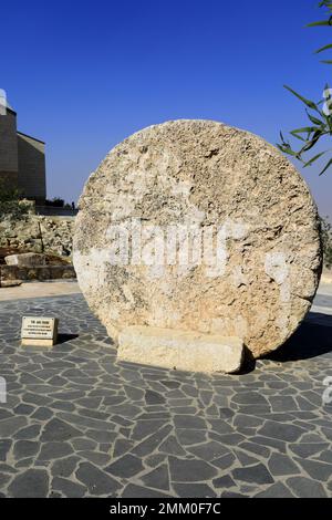 The Abu Badd rolling stone, a fortified door of a Byzantine monastery in the old village of Faysaliyah, Mount Nebo, Jordan, Middle East Stock Photo