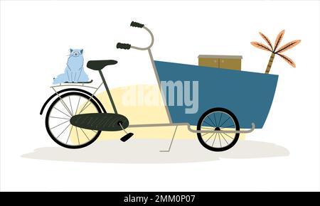 Cargo bike bakfiets standing at the parking with stuff in the box and cat on the trunk.  Stock Vector