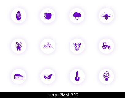 agriculture purple color vector icons on light round buttons Stock Vector