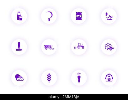 agriculture purple color vector icons on light round buttons Stock Vector