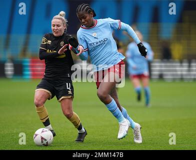 Manchester City's Khadija Shaw battles with Sheffield United’s Sophie Barker during the Vitality Women's FA Cup fourth round match at Academy Stadium, Manchester. Picture date: Sunday January 29, 2023. Stock Photo