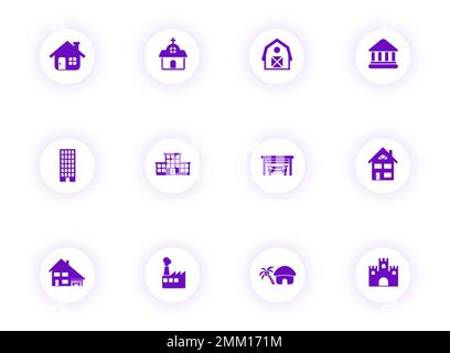 buildings purple color vector icons on light round buttons Stock Vector