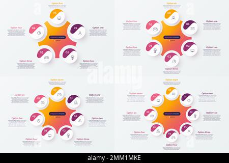 Set of 5 6 4 8 option circle infographic diagrams. Vector illustration Stock Vector