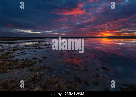 Colorful clouds during sunset over the backwaters, Czulczyce, eastern Poland Stock Photo