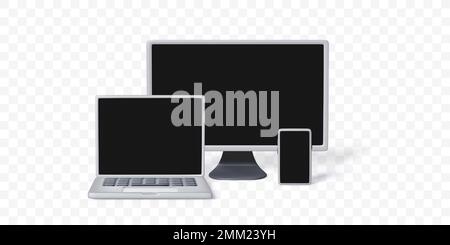 3D set of digital gadgets mock up isolated on transparent background. Laptop mobile phone and PC monitor realistic render for web banners design. Vect Stock Vector
