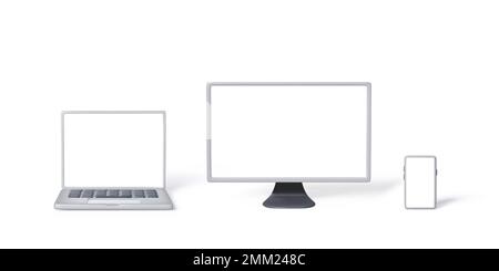 Template of silver laptop, PC monitor, smartphone for web banner or advertising. 3D realistic gadgets isolated on white background. Computer devices w Stock Vector