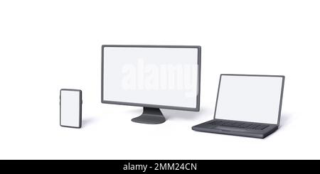 Laptop PC monitor and smartphone mock up. 3D gadgets set. Realistic computer devices template for business banners design. Vector illustration isolate Stock Vector