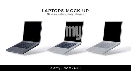 3D laptop mockup in black and silver colors. Realistic render portable computers with black empty screen. Vector illustration isolated on white Stock Vector