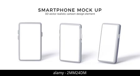 Smartphone mock up different view 3D render with white screen. Set of realistic mobile phones with empty display and shadow. Vector illustration isola Stock Vector