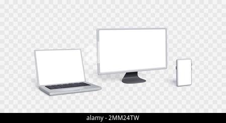 Laptop, PC monitor and smartphone mock up. 3D gadgets set with white screens. Realistic computer devices template for business banners design. Vector Stock Vector