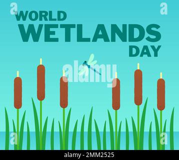 World Wetlands Day banner, flat design vector illustration. Water with cattails and dragonfly, simple cartoon landscape. Stock Vector