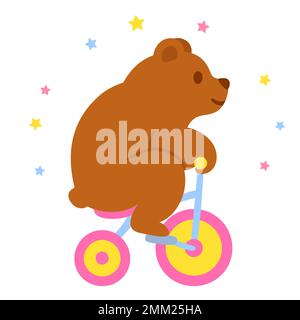 Cute cartoon bear riding a tricycle, circus performance. Flat vector clip art illustration. Stock Vector