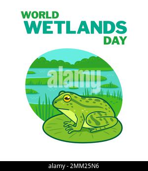 World Wetlands Day banner, flat design vector illustration. Frog on a lily pad and swamp background. Stock Vector