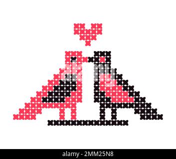 Dragobete, Romanian Valentine's day tradition. Cross stitch pattern of red and black bird couple with heart. Vector illustration. Stock Vector