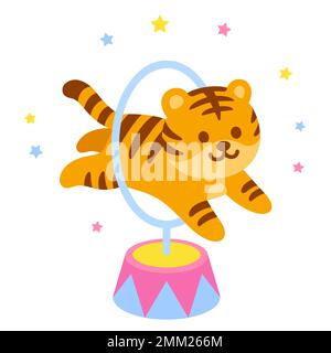 Cartoon circus tiger jumping through hoop. Cute and funny circus performance vector illustration, children's book drawing. Stock Vector