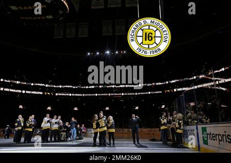 November 29, 2018; Boston, MA, USA; Former Boston Bruins Rick Middleton is  honored during his number retirement ceremony prior to the NHL game between  the New York Islanders and Boston Bruins at