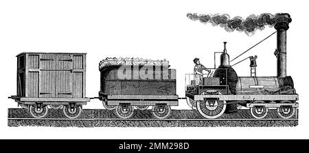 Antique 19th-century illustration of steam freight train. Published in Proben-Album, Buchdruckerei Julius Klinkhardt, Leipzig, Germany (1881). Stock Photo