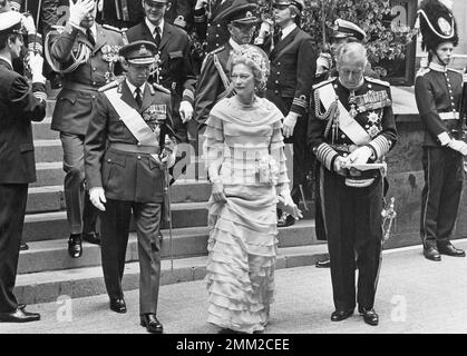 Louis Mountbatten, Lord Mountbatten of Burma   Here with Josephine-Charlotte-Jean of Luxembourg in connection with the wedding of King Carl the XVI Gustaf and Queen Silvia in the Great Church in 1976    Louis Mountbatten was assassinated in an IRA attack in 1979 Stock Photo