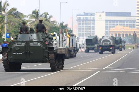 Colombo, Sri Lanka. 29th Jan, 2023. Military personnel on vehicles take part in an Independence Day parade rehearsal in Colombo in celebration of the 75th anniversary of its independence from Britain on February 4. (Photo by Saman Abesiriwardana/Pacific Press) Credit: Pacific Press Media Production Corp./Alamy Live News Stock Photo