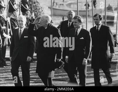 Carl XVI Gustaf, King of Sweden. Born 30 april 1946. Pictured his grandfather king Gustaf VI Adolf who this day celebrates his 90th birthday 11 november 1972. Also in the picture prince Bertil and sweden's prime minister Olof Palme. Stock Photo