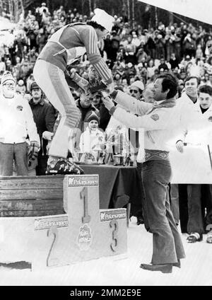 Carl XVI Gustaf, King of Sweden. Born 30 april 1946. Pictured Åre World alpine cup 1977 with legendary slalom skier Ingemar Stenmark. 1977 Stock Photo