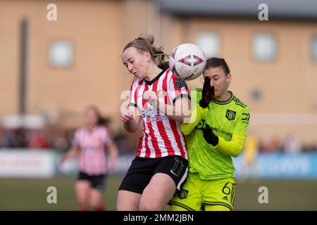 Hetton Le Hole, UK. 29th Jan, 2023. Eppleton Colliery Football Ground Hannah Blundell of Manchester United and Jessica Brown of Sunderland in action during the Women's FA Cup match between Sunderland and Manchester United at the Eppleton Colliery Football Ground in Hetton-le-Hole, England (Richard Callis/SPP) Credit: SPP Sport Press Photo. /Alamy Live News Stock Photo