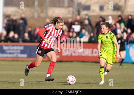 Hetton Le Hole, UK. 29th Jan, 2023. Eppleton Colliery Football Ground Emily Scarr of Sunderland in action during the Women's FA Cup match between Sunderland and Manchester United at the Eppleton Colliery Football Ground in Hetton-le-Hole, England (Richard Callis/SPP) Credit: SPP Sport Press Photo. /Alamy Live News Stock Photo