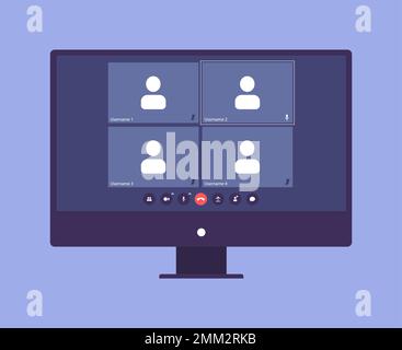 Video call program window. UI UX template for video conferencing and meetings application on desktop Stock Vector