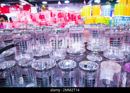 Transparent Plastic jur on a shelf in a supermarket, closeup of photo Stock Photo